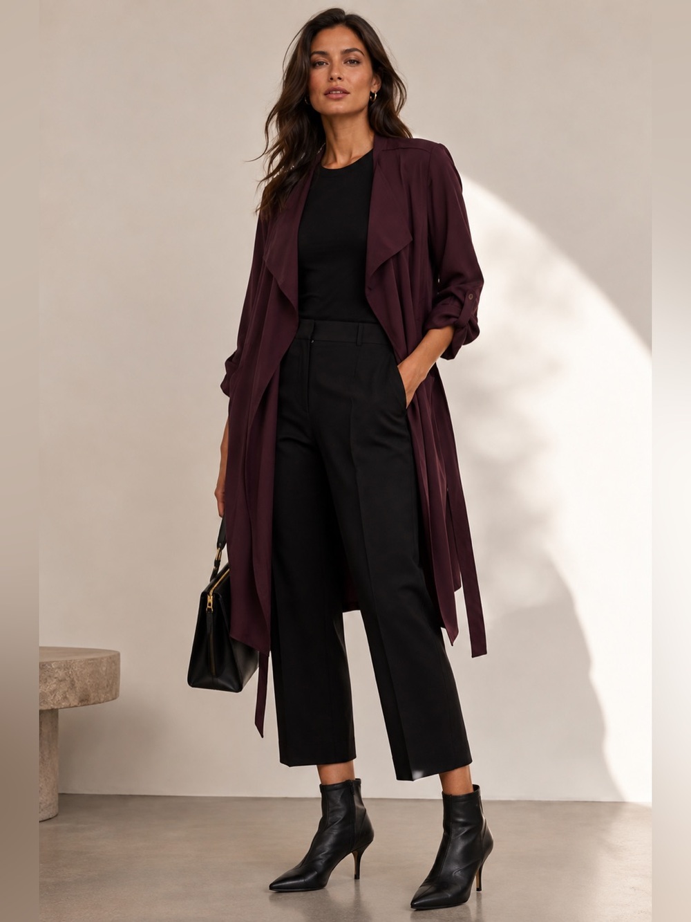 Aritzia Babaton Quincey Burgundy Belted Longline Trench Duster Jacket Coat SZ M